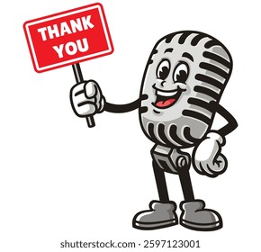 Microphone character mascot cartoon is holding a thank you sign