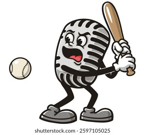 Microphone character mascot cartoon playing baseball