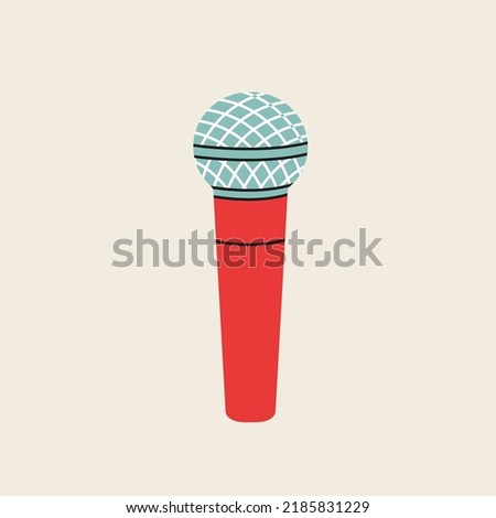 Microphone clip art in modern flat line style. Hand drawn vector illustration of mouthpiece, transmitter, mike, karaoke, studio misc, mic. Music vintage equipment, retro element.