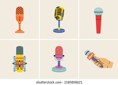 Microphone clip art set in modern flat line style. Hand drawn vector illustration of mouthpiece, transmitter, mike, karaoke, studio misc, mic. Music sound vintage equipment, retro elements, icons.