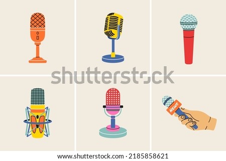 Microphone clip art set in modern flat line style. Hand drawn vector illustration of mouthpiece, transmitter, mike, karaoke, studio misc, mic. Music sound vintage equipment, retro elements, icons.