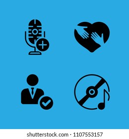 microphone, compact disc, manager and shaking hands inside a heart icons vector in sample icon set for web and graphic design