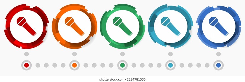 Microphone, concert concept vector icon set, modern design abstract web buttons in 5 color options, infographic template for webdesign and mobile apps