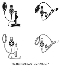microphone condenser icon set for professional podcast equipment. vector illustration isolated on white background.