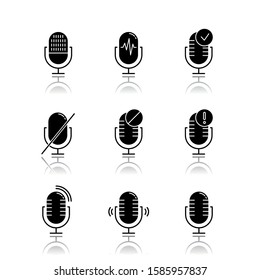 Microphone connection problem drop shadow black glyph icons set. Sound recorders idea. Connected mics. Different voice commands. Music equipment. Modern digital devices. Isolated vector illustrations