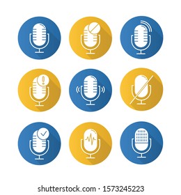 Microphone connection problem flat design long shadow glyph icons set. Sound recorders idea. Connected mics. Different voice commands. Music equipment. Vector silhouette illustration