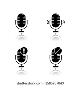 Microphone connection problems drop shadow black glyph icons set. Sound recording mistake idea. Voice record equipments. Podcast technology. Portable mics. Isolated vector illustrations