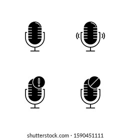Microphone connection problems glyph icons set. Sound recording mistake. Voice record equipments. Podcast technology. Portable mics. Silhouette symbols. Vector isolated illustration