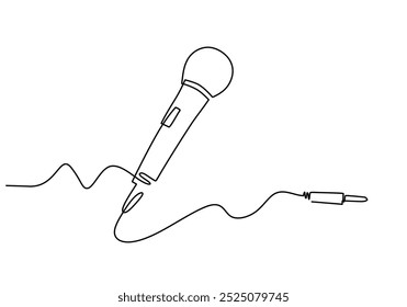 Desenho contínuo de uma linha de microfone. Microfone com fio retro ou antigo para Podcast áudio e música gravação símbolo. Plano de fundo minimalista de ilustração vetorial.