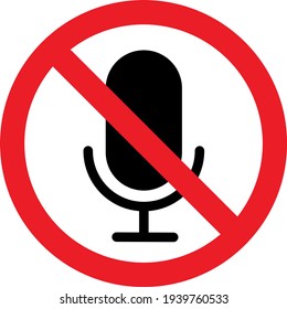 Microphone crossed out icon. Vector illustration.Microphone button disabled.Do not speak.No Recording sign.Black microphone clossed out red line isolated on white background. Flat icon
