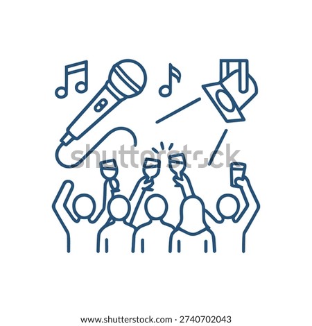 Microphone and crowd singing karaoke line icon. Music entertainment and nightlife vector illustration isolated on white background.