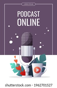 Microphone and cup. Podcast, Streaming, Online show, blogging, radio broadcasting concept. A4 vector illustration for flyer, poster, banner, advertising.
