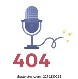 Microphone damage 404 page not found illustration. Mic with broken wire flat vector 2D cartoon object on white. Editable error flash message for application, web UX, UI design. Outfit Bold font used