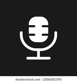 Microphone dark mode glyph ui icon. Voice over. Simple filled line element. User interface design. White silhouette symbol on black space. Solid pictogram for web, mobile. Vector isolated illustration