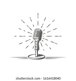 Microphone is depicted on a background of firework isolated on a white background. Design element for music logos, labels, emblems. Vector illustration