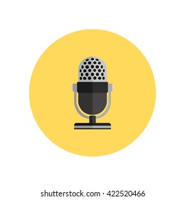 Microphone design flat isolated icon, vintage microphone stand, sound media, record vocal musical web broadcasting microphone vector illustration