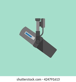 Microphone design flat isolated icon, vintage microphone stand, sound media, record vocal musical web broadcasting microphone vector illustration