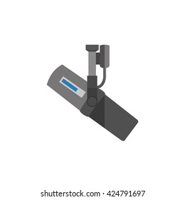 Microphone design flat isolated icon, vintage microphone stand, sound media, record vocal musical web broadcasting microphone vector illustration