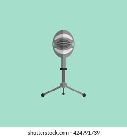 Microphone design flat isolated icon, vintage microphone stand, sound media, record vocal musical web broadcasting microphone vector illustration
