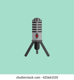Microphone design flat isolated icon, vintage microphone stand, sound media, record vocal musical web broadcasting microphone vector illustration