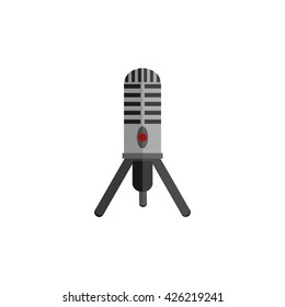 Microphone design flat isolated icon, vintage microphone stand, sound media, record vocal musical web broadcasting microphone vector illustration
