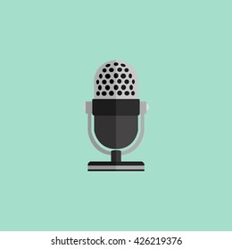 Microphone design flat isolated icon, vintage microphone stand, sound media, record vocal musical web broadcasting microphone vector illustration