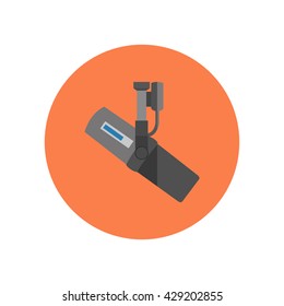 Microphone design flat isolated icon, vintage microphone stand, sound media, record vocal musical web broadcasting microphone vector illustration