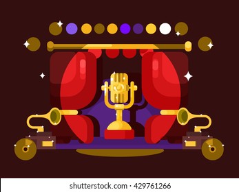 Microphone design flat. Music and audio, sound voice karaoke equipment, vector illustration