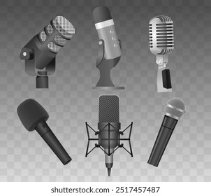 Microphone Designs Showcasing Different Styles And Uses. Realistic 3d Vector Illustration Represents Audio Technology