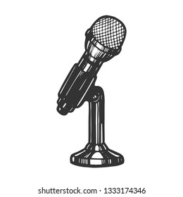 Microphone device sketch engraving vector illustration. Scratch board style imitation. Hand drawn image.