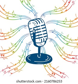 Microphone in doodle style. Multicolored notes vector cartoon illustration on white isolated background. Karaoke. Audio equipment concept with the effect of bright rainbow melody.