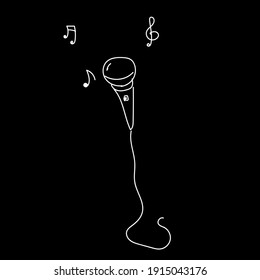 Dibujo de micrófono con notas de música en el vector de fondo negro