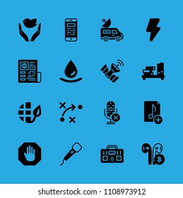 microphone, drop, newspaper, stop, satellite, strategy, earphones, music file and dove of peace vector icon. Simple icons set