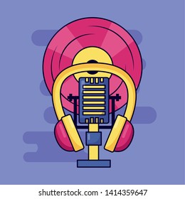 microphone earphones vinyl music colorful background vector illustration