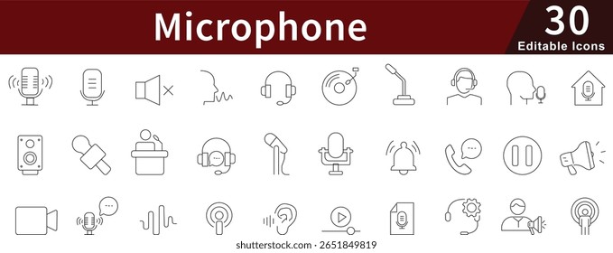Microphone Editable Line Icons Set for Audio Recording, Podcasting, and Voice Communication Tools