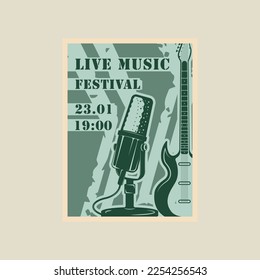 microphone and electric guitar vector poster vintage minimalist illustration template graphic design. song festival banner invitation or inscription live music and place for text in retro style