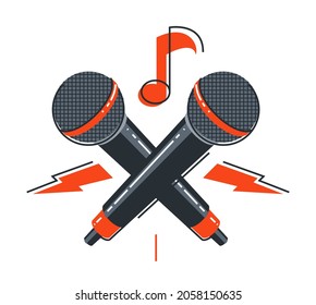 Emblema de micrófono aislado sobre el fondo blanco vector ilustración de estilo lineal plano aislado, logotipo o icono para el cantante o el rapero o el cómico de stand-up.