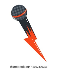 Microphone emblem isolated over white background vector flat linear style illustration isolated, logo or icon for singer or rapper or stand-up comic.