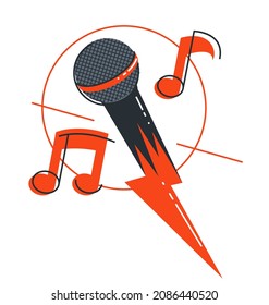 Microphone emblem isolated over white background vector flat linear style illustration isolated, logo or icon for singer or rapper or stand-up comic.