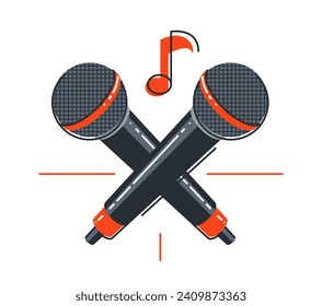 Microphone emblem isolated over white background vector flat linear style illustration isolated, logo or icon for singer or rapper or stand-up comic.