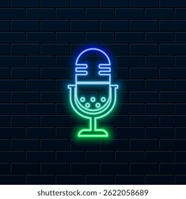 microphone emblem logo vector illustration vintage template icon graphic design. neon style. podcast station sign or symbol for broadcast or radio concept with retro circle badge typography style.