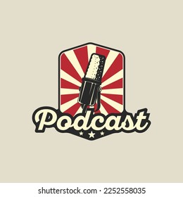microphone emblem logo vintage vector illustration template icon graphic design. podcast station sign or symbol for broadcast or radio concept with retro badge typography style