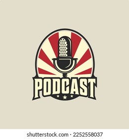 microphone emblem logo vintage vector illustration template icon graphic design. podcast station sign or symbol for broadcast or radio concept with retro badge typography style