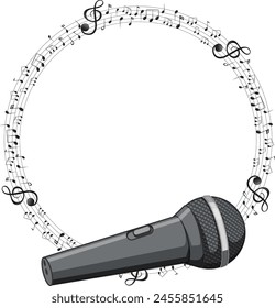Microphone encircled by a musical note design.