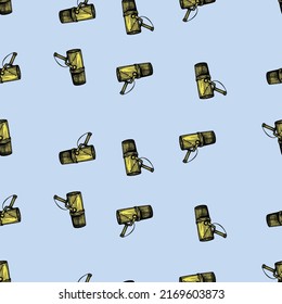 El micrófono grabó un patrón impecable. Equipo de música para estudio de estilo manual. Esbozar textura para tela, papel pintado, textil, impresión, título, papel envolvente. Ilustración vectorial.