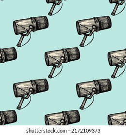 Microphone engraved seamless pattern. Music equipment for studio in hand drawn style. Sketch texture for fabric, wallpaper, textile, print, title, wrapping paper. Vector illustration.