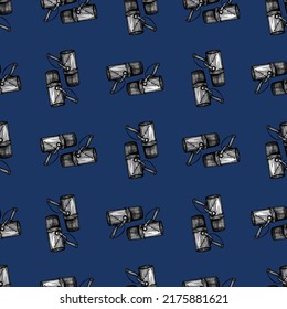 Microphone engraved seamless pattern. Music equipment for studio in hand drawn style. Sketch texture for fabric, wallpaper, textile, print, title, wrapping paper. Vector illustration.