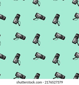 Microphone engraved seamless pattern. Music equipment for studio in hand drawn style. Sketch texture for fabric, wallpaper, textile, print, title, wrapping paper. Vector illustration.