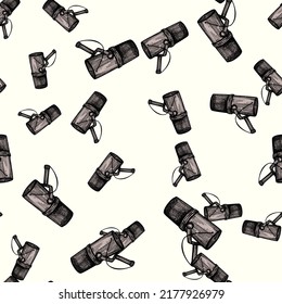 Microphone engraved seamless pattern. Music equipment for studio in hand drawn style. Sketch texture for fabric, wallpaper, textile, print, title, wrapping paper. Vector illustration.
