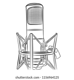 Microphone to enhance the sound, add volume. Used in the media. Image on a white background, linear, vector drawing.